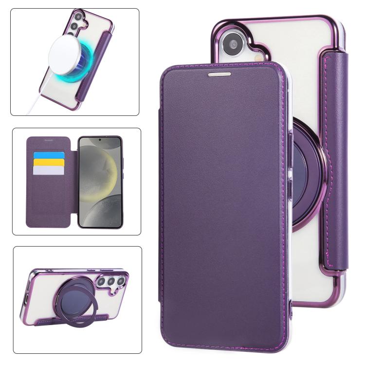 Custodia per telefono ultra sottile in ecopelle con supporto girevole e placcatura magnetica., For Samsung Galaxy S25 / S24 5G, For Samsung Galaxy S25+ / S24+ 5G, For Samsung Galaxy S25 Ultra 5G