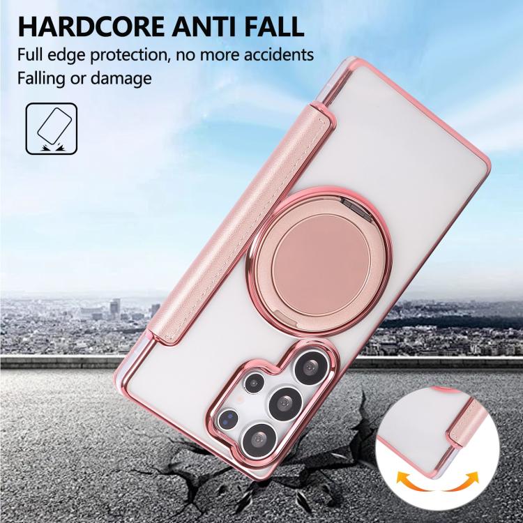 Custodia per telefono ultra sottile in ecopelle con supporto girevole e placcatura magnetica., For Samsung Galaxy S24 Ultra 5G, For Samsung Galaxy S23 Ultra 5G, For Samsung Galaxy S23+ 5G
