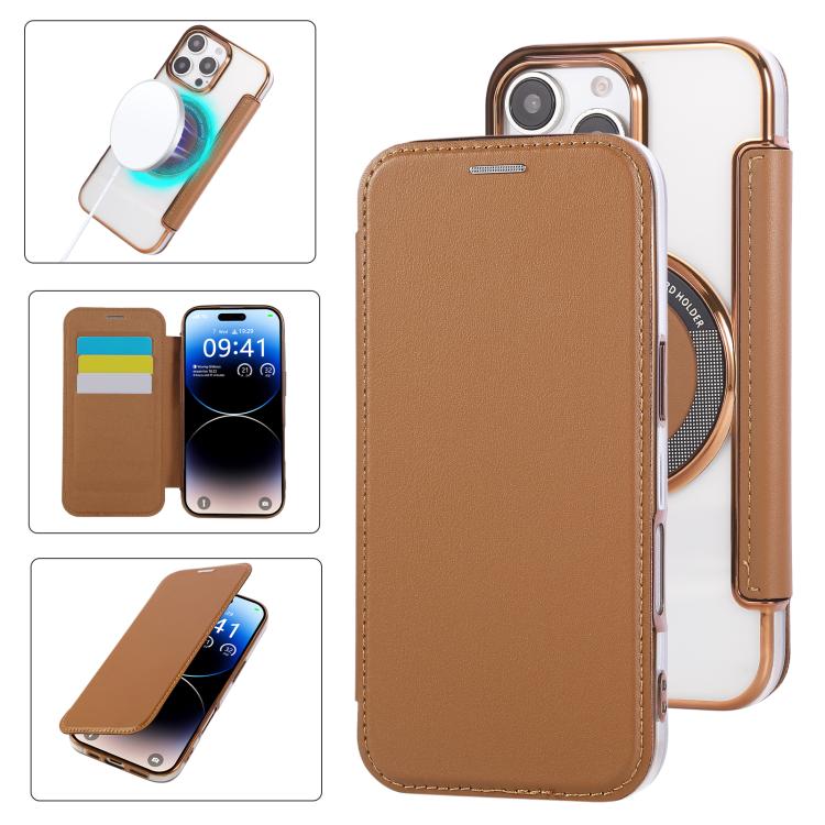 Custodia per telefono ultra sottile in ecopelle con placcatura magnetica, For iPhone 16 Pro, For iPhone 16 Plus, For iPhone 16