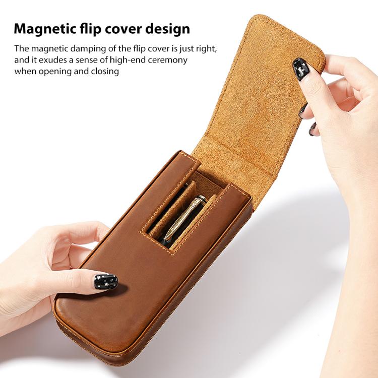 Astuccio per matite in pelle Crazy Horse, modello a cassetto magnetico, composto da tre pezzi.