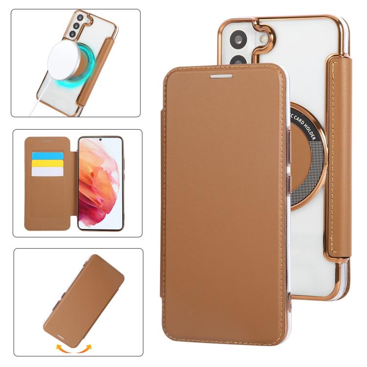 Custodia per telefono ultra sottile in ecopelle con placcatura magnetica, For Samsung Galaxy S23 5G, For Samsung Galaxy S22 Ultra 5G, For Samsung Galaxy S22+ 5G