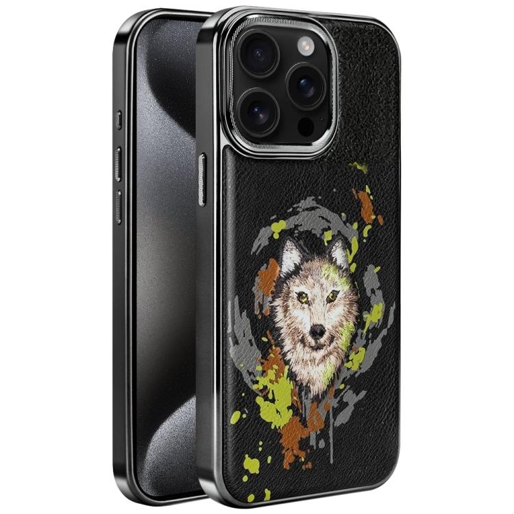 Custodia per telefono in ecopelle con logo ricamato graffiti e placcatura magnetica galvanizzata., For iPhone 16 Plus, For iPhone 16, For iPhone 15 Pro Max, For iPhone 15 Pro, For iPhone 15 Plus, For iPhone 15