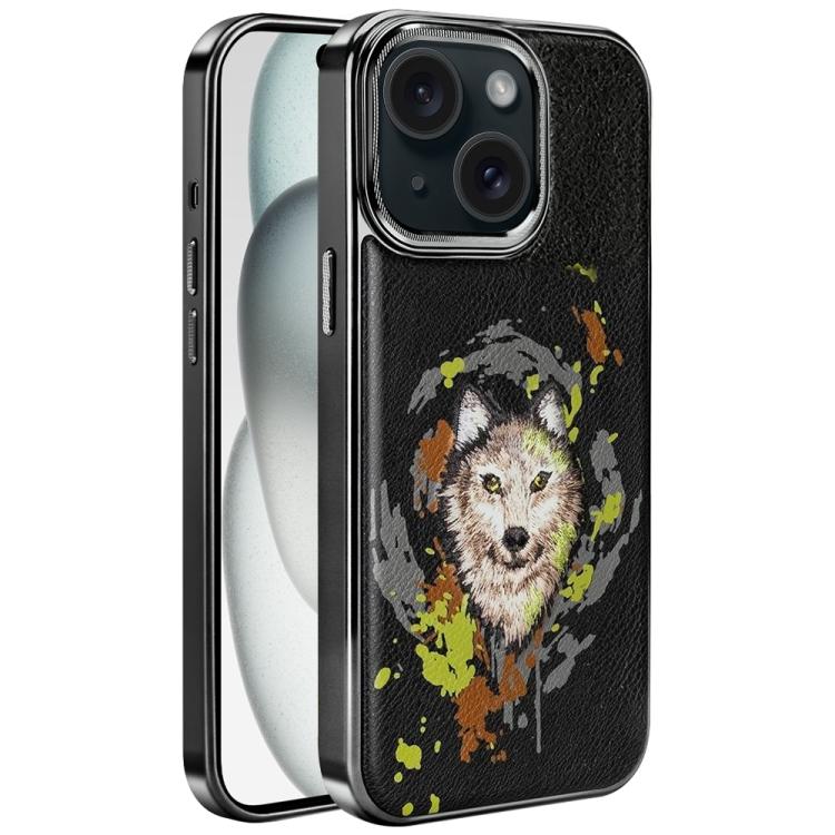 Custodia per telefono in ecopelle con logo ricamato graffiti e placcatura magnetica galvanizzata., For iPhone 16 Plus, For iPhone 16, For iPhone 15 Pro Max, For iPhone 15 Pro, For iPhone 15 Plus, For iPhone 15