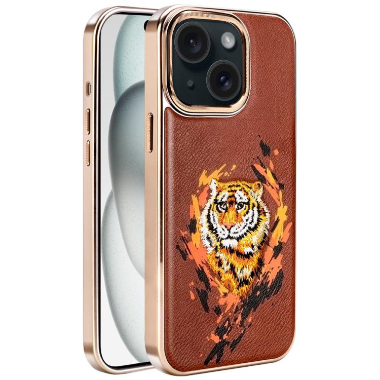 Custodia per telefono in ecopelle con logo ricamato graffiti e placcatura magnetica galvanizzata., For iPhone 16 Plus, For iPhone 16, For iPhone 15 Pro Max, For iPhone 15 Pro, For iPhone 15 Plus, For iPhone 15