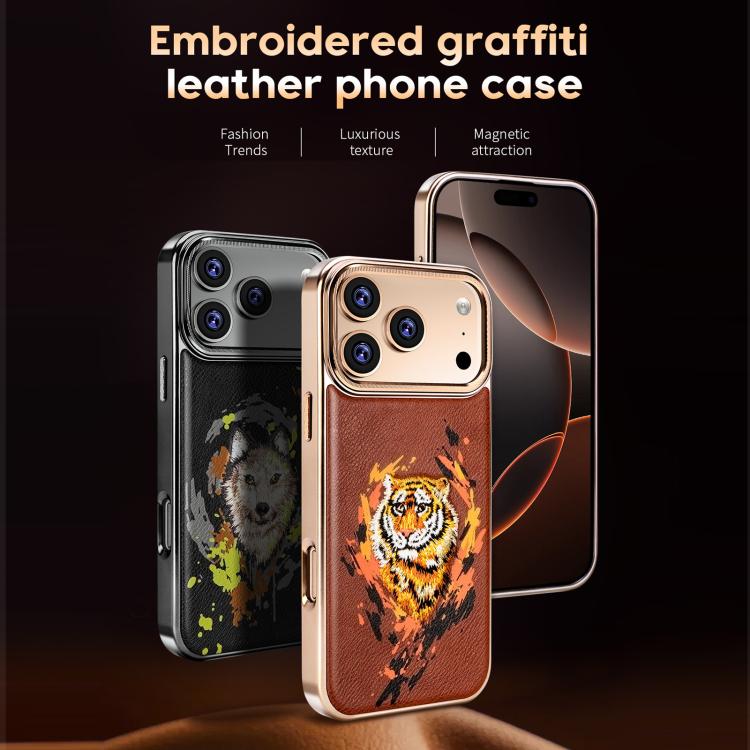 Custodia per telefono in ecopelle con logo ricamato graffiti e placcatura magnetica galvanizzata., For iPhone 14 Plus, For iPhone 14, For iPhone 14 Pro, For iPhone 14 Pro Max