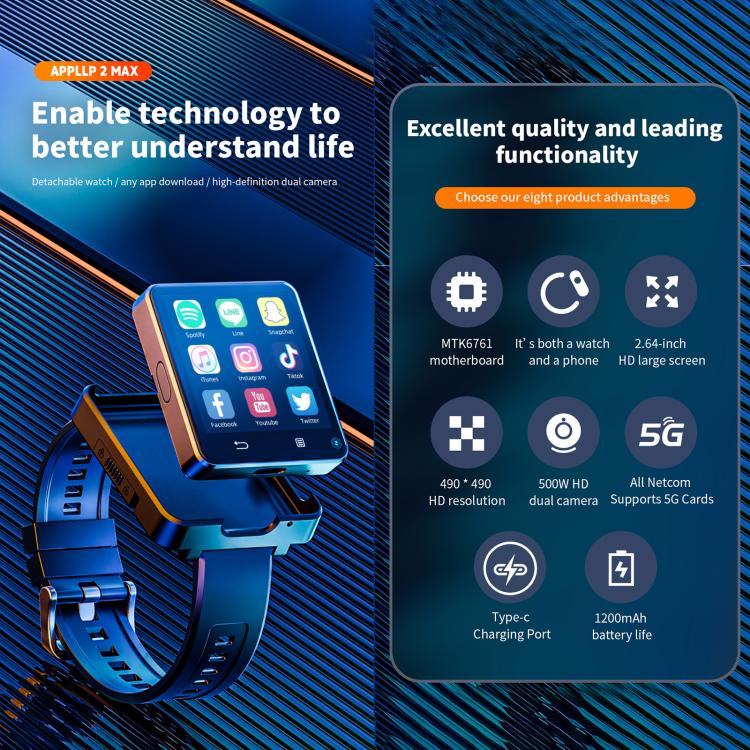 LOKMAT APPLLP 2 Max Smartwatch 4G, display da 2,64 pollici, processore MTK6761 Quad Core, 4 GB di RAM + 64 GB di memoria interna, Android 11.0, GPS, videochiamata.