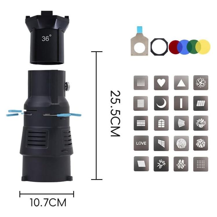 YG-90 Puntale conico con attacco Bowens girevole a 360 gradi, 19 Degree Lens, 19 Degree Lens + Optical Snoot, 36 Degree Lens, 36 Degree Lens + Optical Snoot