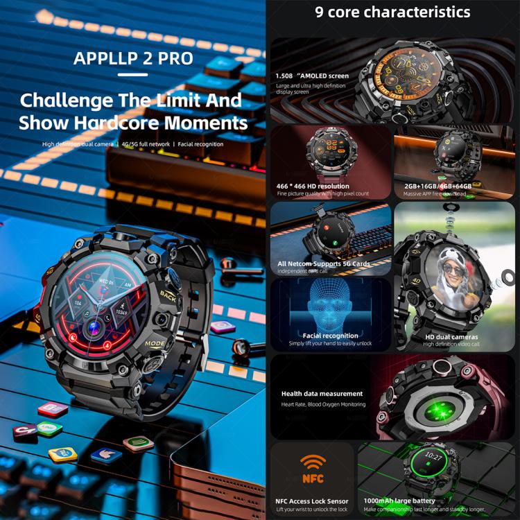 LOKMAT APPLLP 2 Pro Smartwatch 4G, display da 1,508 pollici, processore quad-core SC8541E, 4 GB di RAM e 64 GB di memoria interna, Android 8.1, videochiamata.