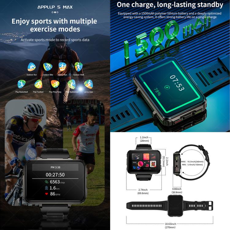 LOKMAT APPLLP 5 Max Smartwatch 4G, display da 2,4 pollici, processore Octa Core MT6762 + PAR2822, Android 10.7, rilevamento della frequenza cardiaca, videochiamata., 4GB+64GB, 6GB+128GB