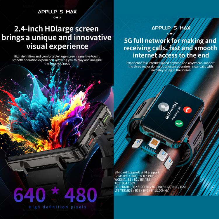 LOKMAT APPLLP 5 Max Smartwatch 4G, display da 2,4 pollici, processore Octa Core MT6762 + PAR2822, Android 10.7, rilevamento della frequenza cardiaca, videochiamata., 4GB+64GB, 6GB+128GB