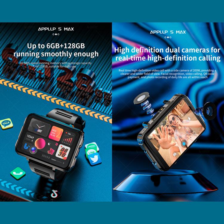 LOKMAT APPLLP 5 Max Smartwatch 4G, display da 2,4 pollici, processore Octa Core MT6762 + PAR2822, Android 10.7, rilevamento della frequenza cardiaca, videochiamata., 4GB+64GB, 6GB+128GB