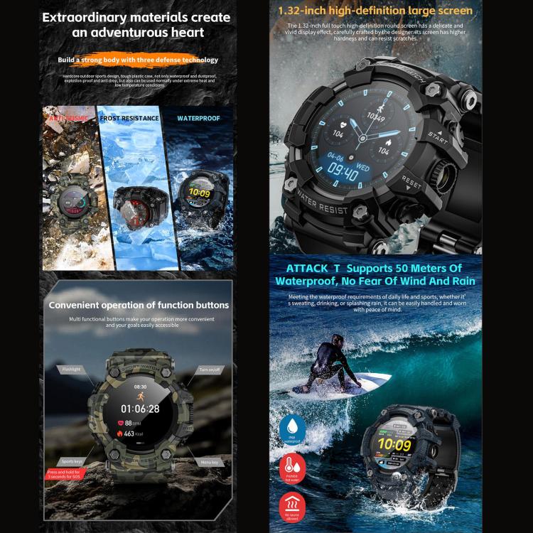 LOKMAT ATTACK GT Smartwatch robusto, display da 1,32 pollici, chiamate Bluetooth, SOS, contapassi, monitoraggio del sonno, frequenza cardiaca, pressione sanguigna, ossigenazione del sangue