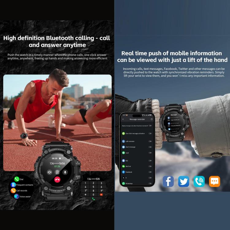 LOKMAT ATTACK GT Smartwatch robusto, display da 1,32 pollici, chiamate Bluetooth, SOS, contapassi, monitoraggio del sonno, frequenza cardiaca, pressione sanguigna, ossigenazione del sangue