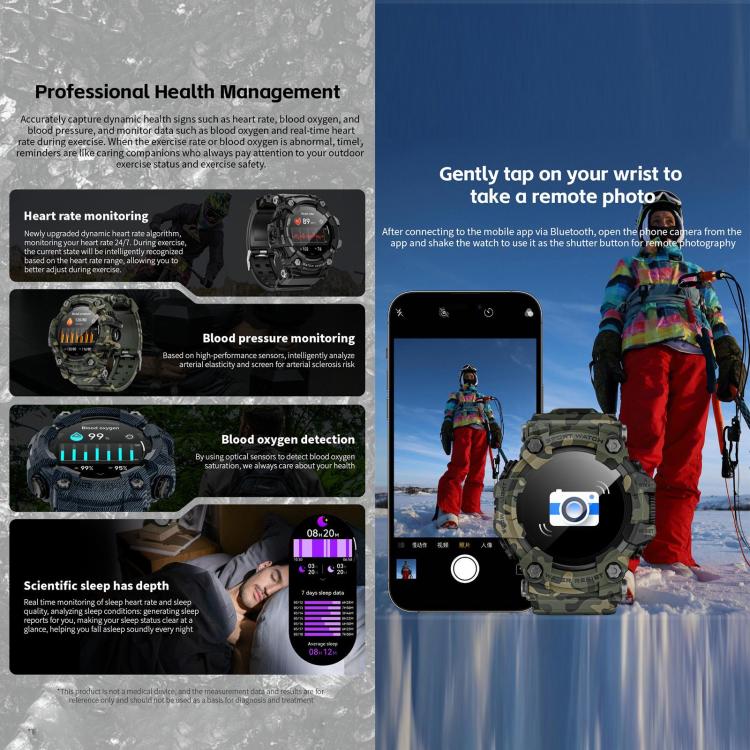 LOKMAT ATTACK GT Smartwatch robusto, display da 1,32 pollici, chiamate Bluetooth, SOS, contapassi, monitoraggio del sonno, frequenza cardiaca, pressione sanguigna, ossigenazione del sangue