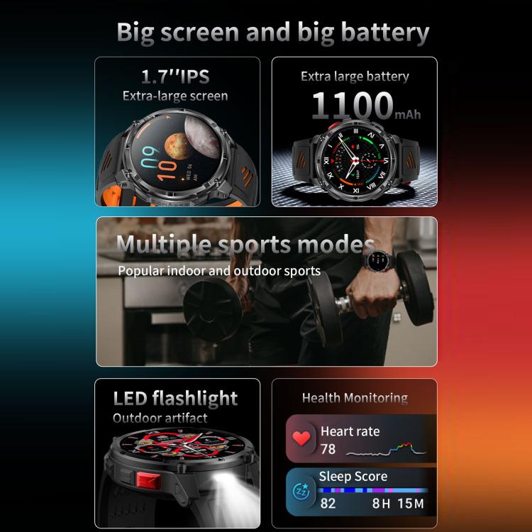Smartwatch sportivo QS10 da 1,7 pollici con Bluetooth 5.2, supporto per il monitoraggio del sonno, della frequenza cardiaca e della pressione sanguigna.