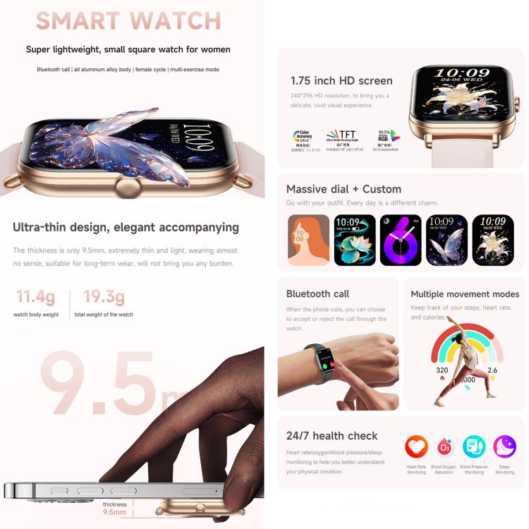 Smartwatch QS01 Pro da 1,75 pollici, supporta il monitoraggio della frequenza cardiaca, della pressione sanguigna e dell'ossigeno nel sangue.