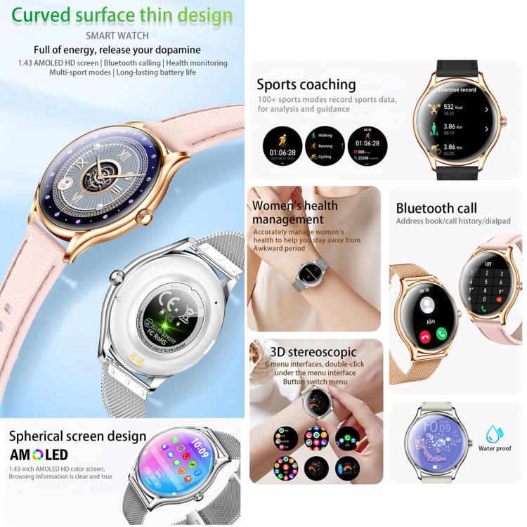 Smartwatch QS36 da 1,43 pollici, supporta il monitoraggio della frequenza cardiaca, della pressione sanguigna, dell'ossigeno nel sangue e del ciclo fisiologico femminile.