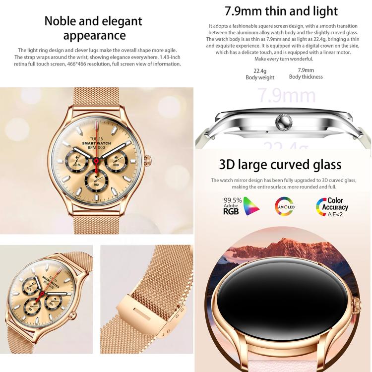 Smartwatch QS36 da 1,43 pollici, supporta il monitoraggio della frequenza cardiaca, della pressione sanguigna, dell'ossigeno nel sangue e del ciclo fisiologico femminile.