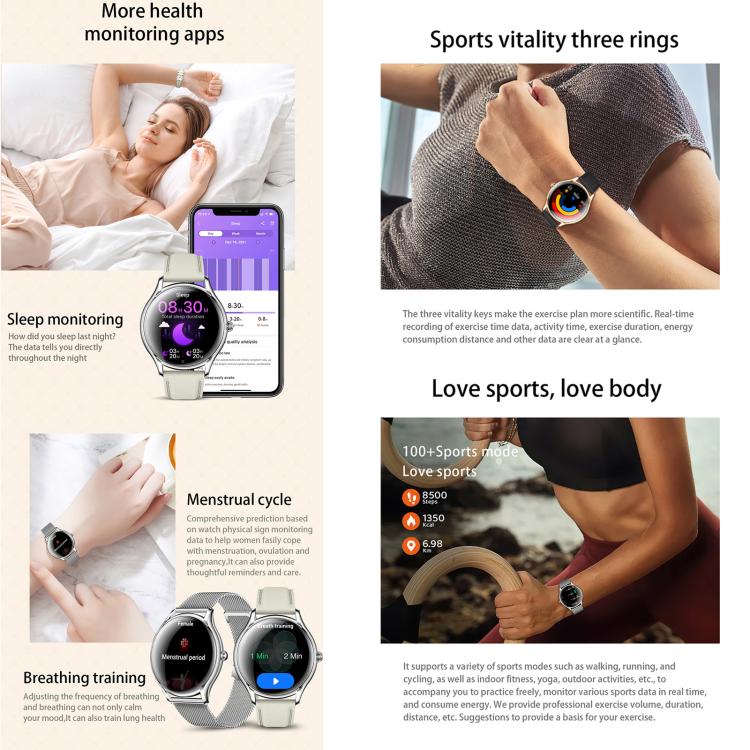 Smartwatch QS36 da 1,43 pollici, supporta il monitoraggio della frequenza cardiaca, della pressione sanguigna, dell'ossigeno nel sangue e del ciclo fisiologico femminile.