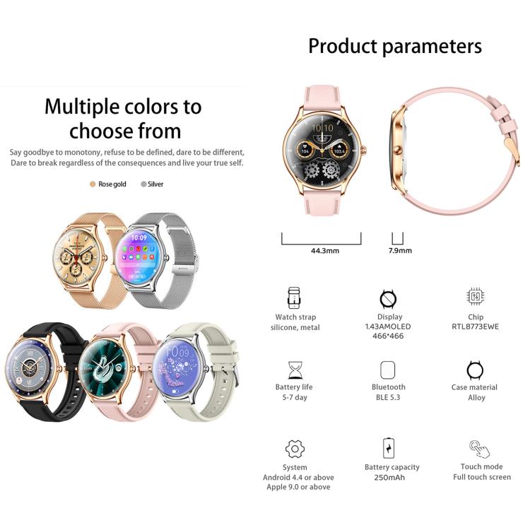 Smartwatch QS36 da 1,43 pollici, supporta il monitoraggio della frequenza cardiaca, della pressione sanguigna, dell'ossigeno nel sangue e del ciclo fisiologico femminile.