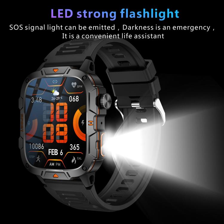 Smartwatch QX12 da 1,96 pollici con display IPS, certificazione IP68, ideale per sport all'aria aperta e dotato di torcia.