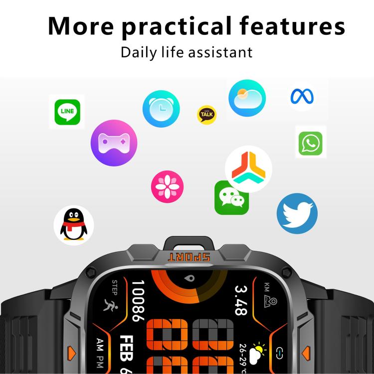 Smartwatch QX12 da 1,96 pollici con display IPS, certificazione IP68, ideale per sport all'aria aperta e dotato di torcia.
