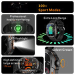 Smartwatch QX12 da 1,96 pollici con display IPS, certificazione IP68, ideale per sport all'aria aperta e dotato di torcia.