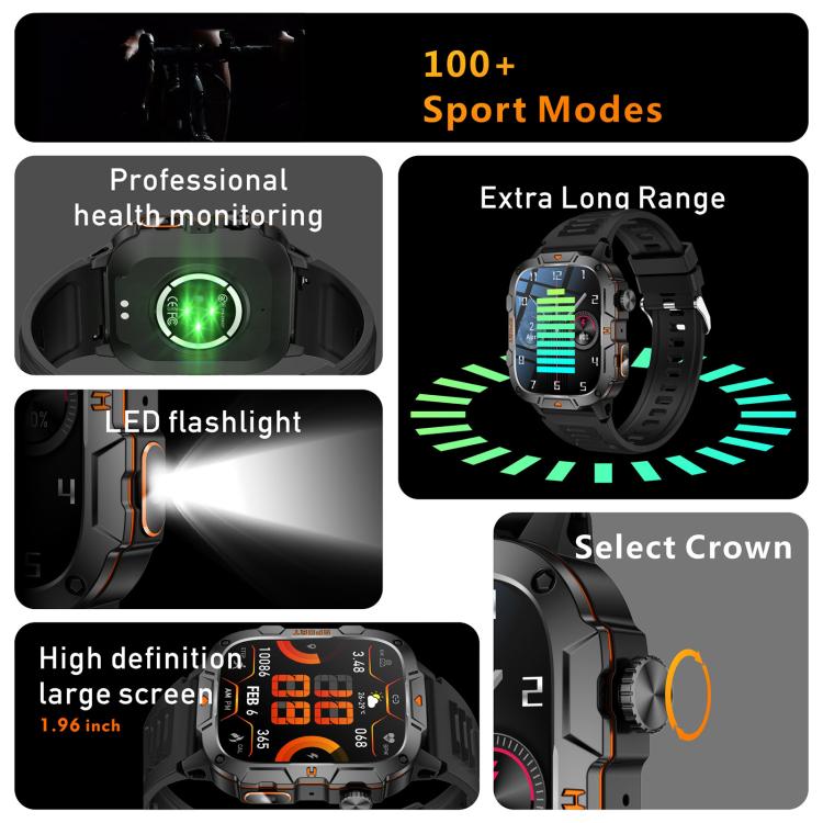 Smartwatch QX12 da 1,96 pollici con display IPS, certificazione IP68, ideale per sport all'aria aperta e dotato di torcia.