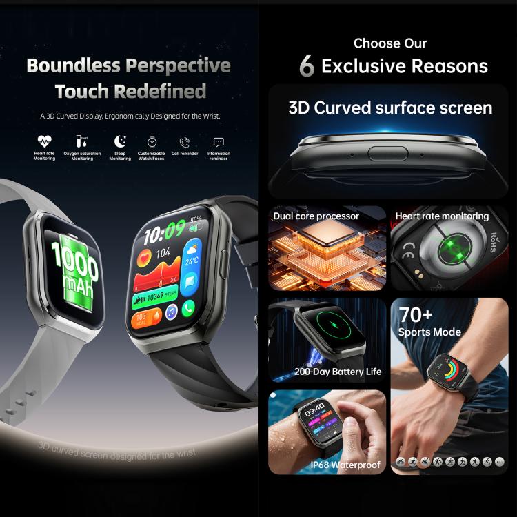 Smartwatch QS66 da 1,83 pollici, supporta chiamate Bluetooth, monitoraggio della frequenza cardiaca e dell'ossigeno nel sangue.
