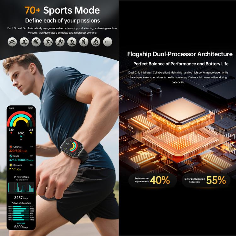 Smartwatch QS66 da 1,83 pollici, supporta chiamate Bluetooth, monitoraggio della frequenza cardiaca e dell'ossigeno nel sangue.