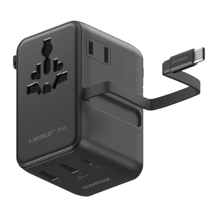 Caricabatterie da viaggio universale GaN MOMAX UA30 1-World 2+ da 70 W con doppia alimentazione CA e cavo retrattile., UA30D, UA30L