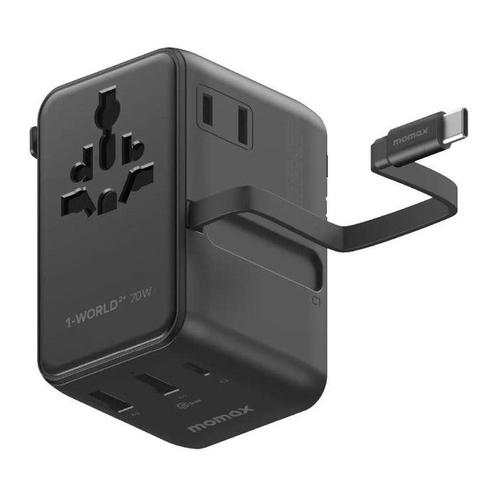 Caricabatterie da viaggio universale GaN MOMAX UA30 1-World 2+ da 70 W con doppia alimentazione CA e cavo retrattile., UA30D, UA30L