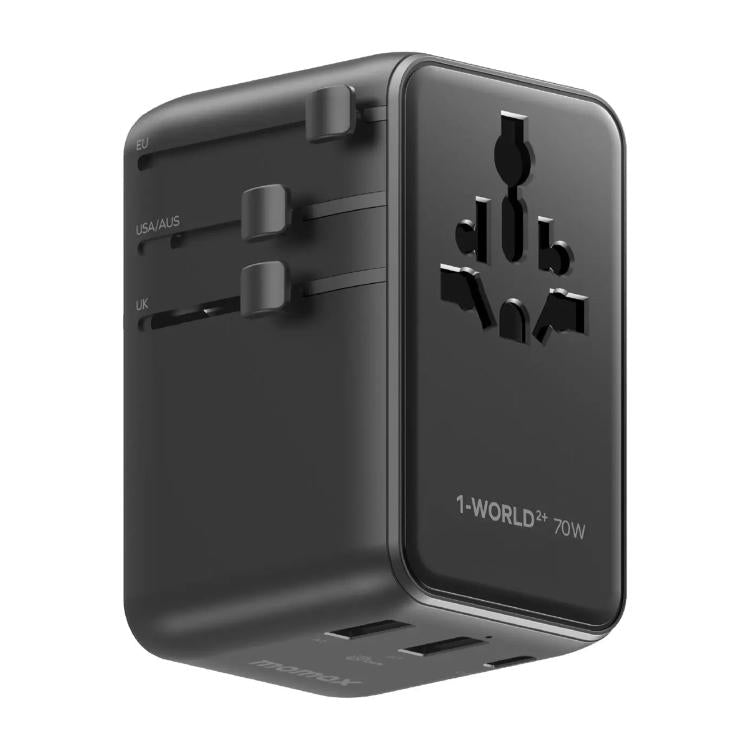 Caricabatterie da viaggio universale GaN MOMAX UA30 1-World 2+ da 70 W con doppia alimentazione CA e cavo retrattile., UA30D, UA30L