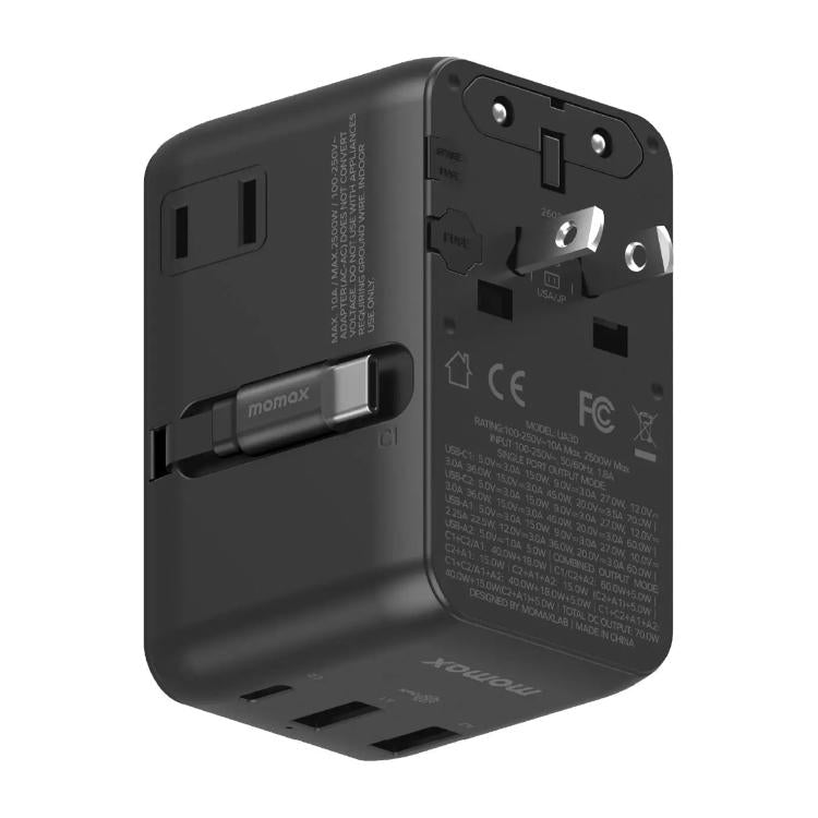 Caricabatterie da viaggio universale GaN MOMAX UA30 1-World 2+ da 70 W con doppia alimentazione CA e cavo retrattile., UA30D, UA30L