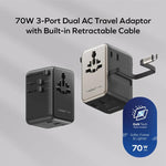 Caricabatterie da viaggio universale GaN MOMAX UA30 1-World 2+ da 70 W con doppia alimentazione CA e cavo retrattile., UA30D, UA30L