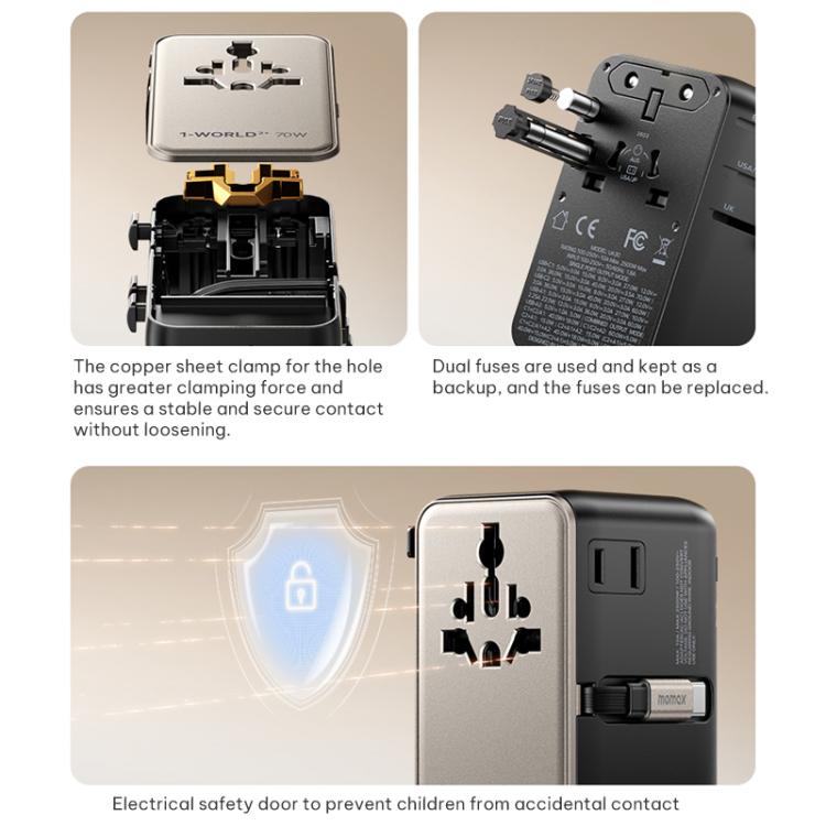 Caricabatterie da viaggio universale GaN MOMAX UA30 1-World 2+ da 70 W con doppia alimentazione CA e cavo retrattile., UA30D, UA30L