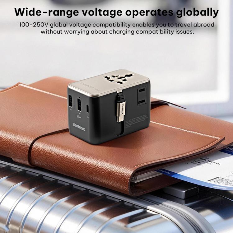 Caricabatterie da viaggio universale GaN MOMAX UA30 1-World 2+ da 70 W con doppia alimentazione CA e cavo retrattile., UA30D, UA30L