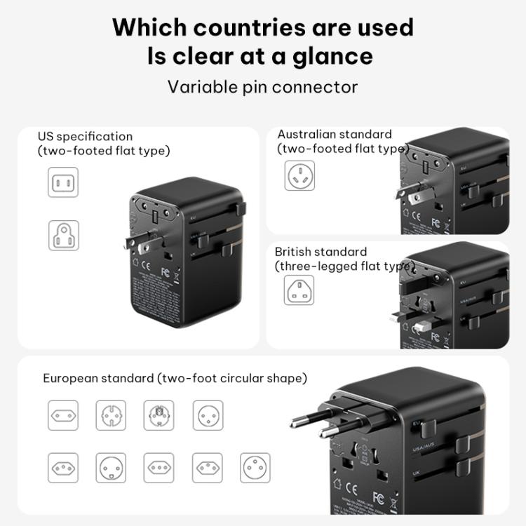 Caricabatterie da viaggio universale GaN MOMAX UA30 1-World 2+ da 70 W con doppia alimentazione CA e cavo retrattile., UA30D, UA30L