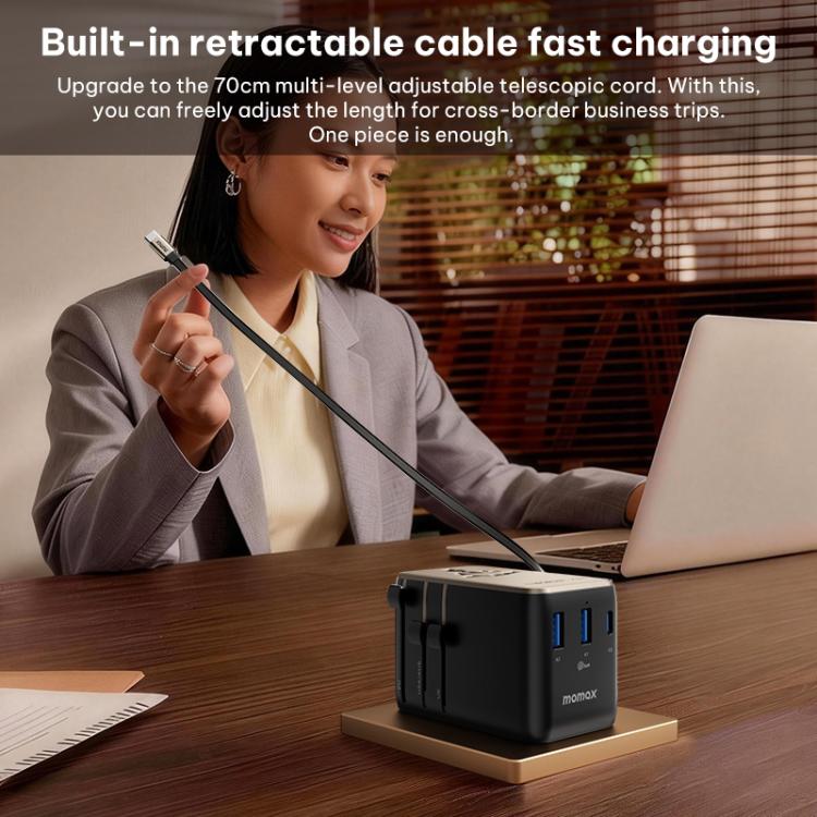 Caricabatterie da viaggio universale GaN MOMAX UA30 1-World 2+ da 70 W con doppia alimentazione CA e cavo retrattile., UA30D, UA30L