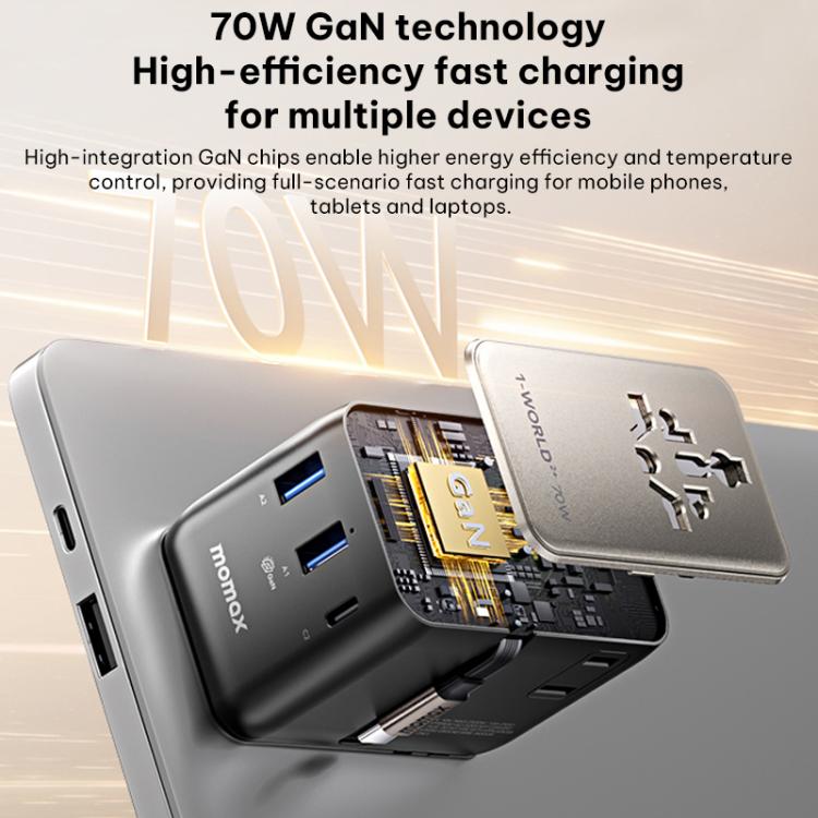 Caricabatterie da viaggio universale GaN MOMAX UA30 1-World 2+ da 70 W con doppia alimentazione CA e cavo retrattile., UA30D, UA30L