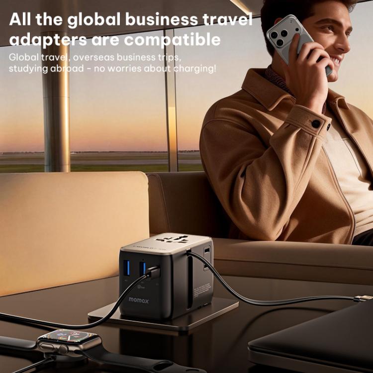 Caricabatterie da viaggio universale GaN MOMAX UA30 1-World 2+ da 70 W con doppia alimentazione CA e cavo retrattile., UA30D, UA30L