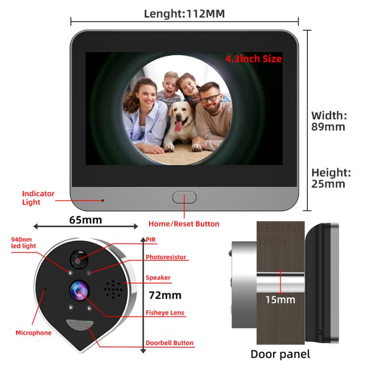 Videocitofono wireless WiFi RH-PD7 con schermo HD da 4,3 pollici, spioncino panoramico a 360 gradi e connessione Wi-Fi a 2,4 GHz., RH-PD7