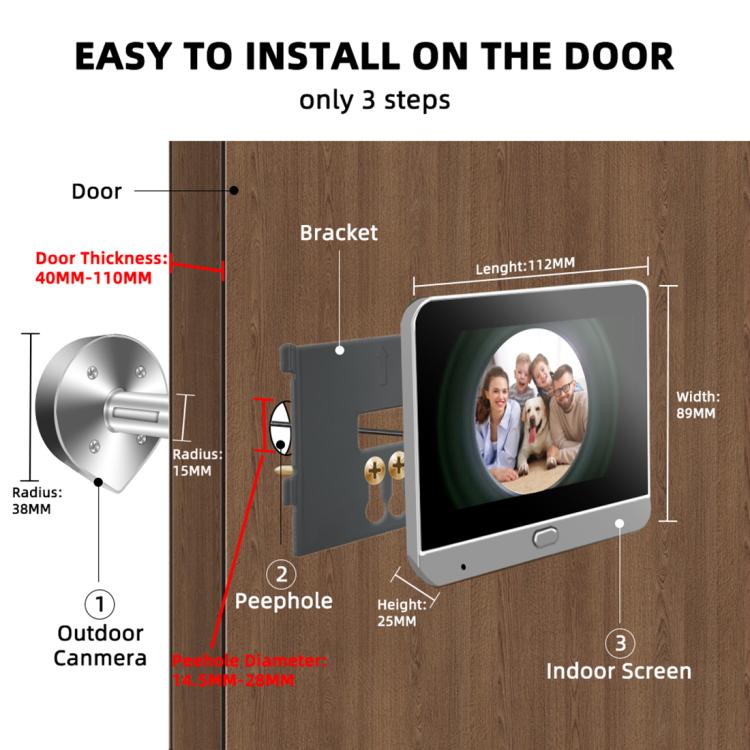 Videocitofono wireless WiFi RH-PD7 con schermo HD da 4,3 pollici, spioncino panoramico a 360 gradi e connessione Wi-Fi a 2,4 GHz., RH-PD7