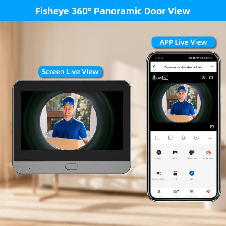 Videocitofono wireless WiFi RH-PD7 con schermo HD da 4,3 pollici, spioncino panoramico a 360 gradi e connessione Wi-Fi a 2,4 GHz., RH-PD7