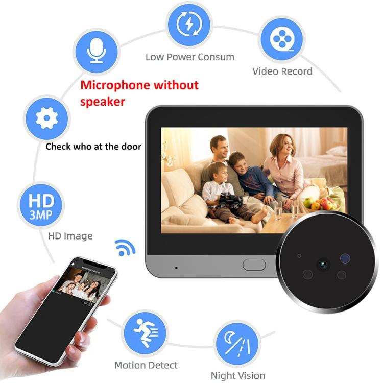 Videocitofono WiFi con schermo HD da 4,3 pollici, microonde, radar e rilevamento di movimento, spioncino RH-PD9., RH-PD9