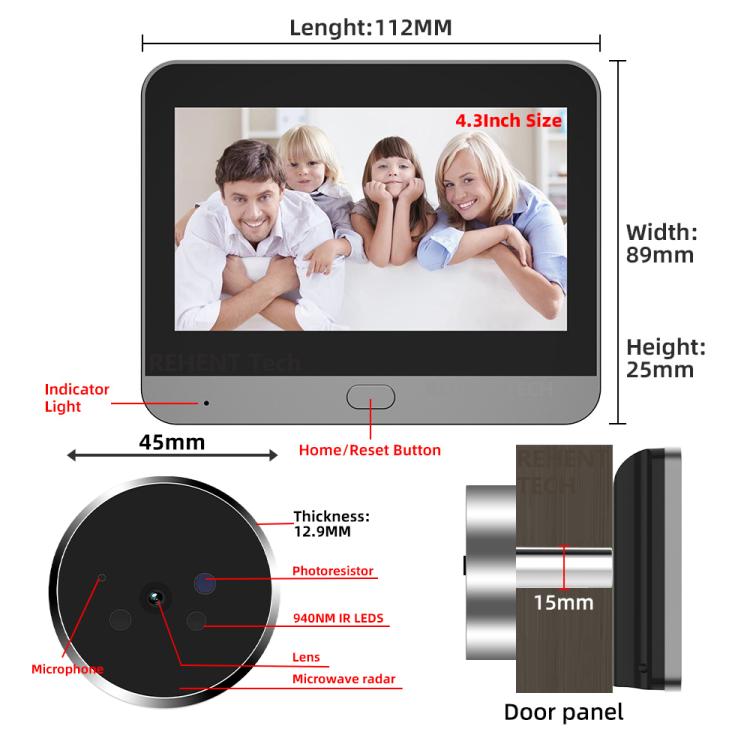 Videocitofono WiFi con schermo HD da 4,3 pollici, microonde, radar e rilevamento di movimento, spioncino RH-PD9., RH-PD9