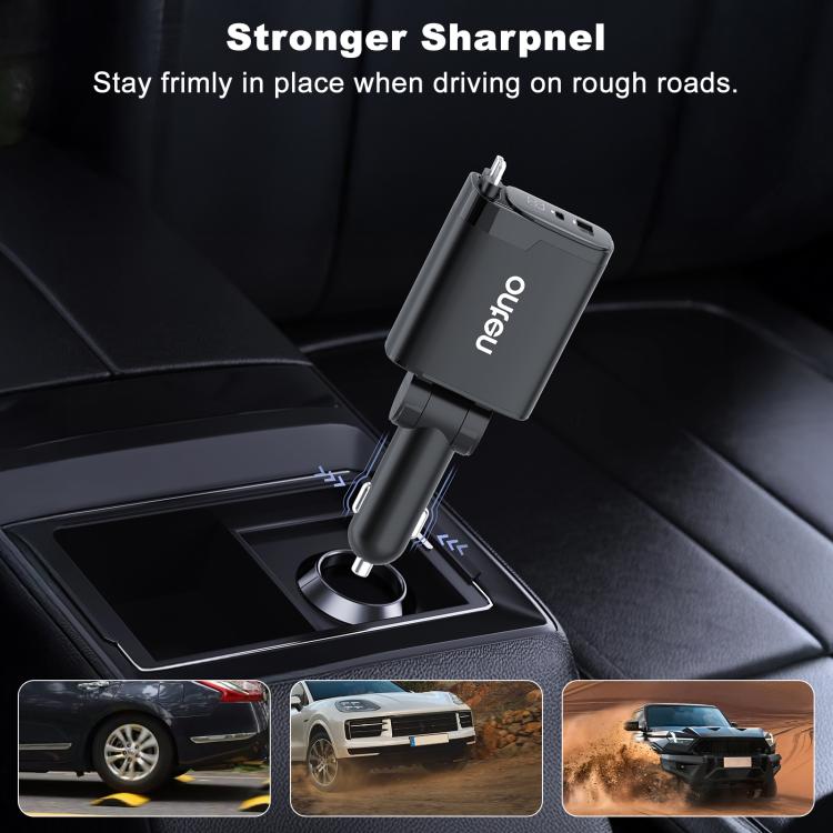 Caricabatterie da auto Onten CW72 4 in 1 USB-A e Type-C/USB-C con cavo retrattile a 8 pin e Type-C/USB-C.