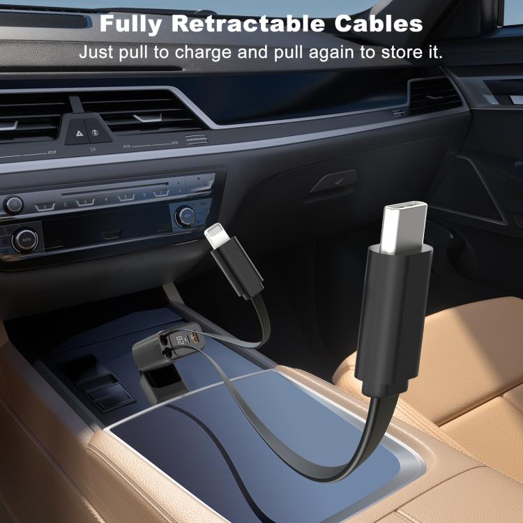 Caricabatterie da auto Onten CW72 4 in 1 USB-A e Type-C/USB-C con cavo retrattile a 8 pin e Type-C/USB-C.