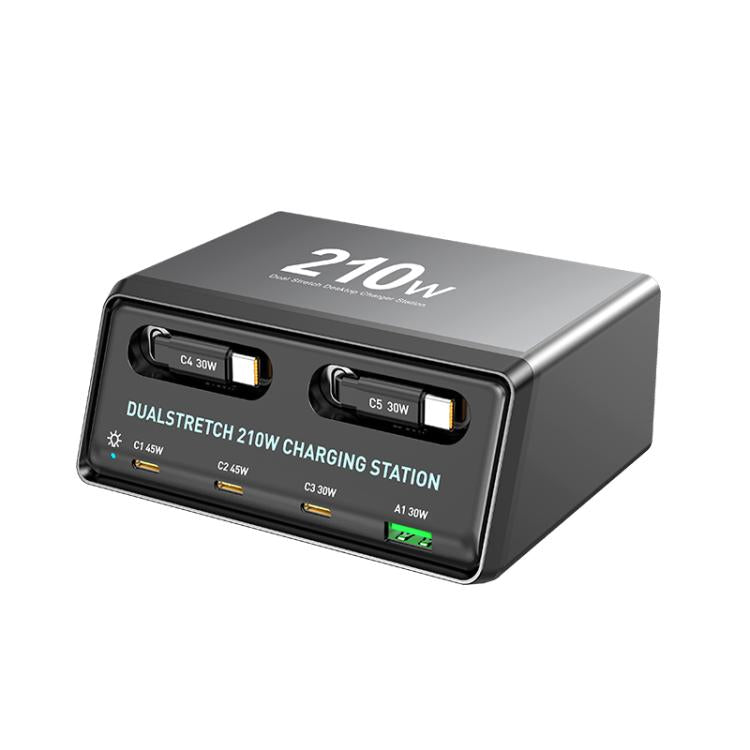 WXL-60E Stazione di ricarica da tavolo multiporta 6 in 1 da 210 W con doppi cavi telescopici integrati, WXL-60E