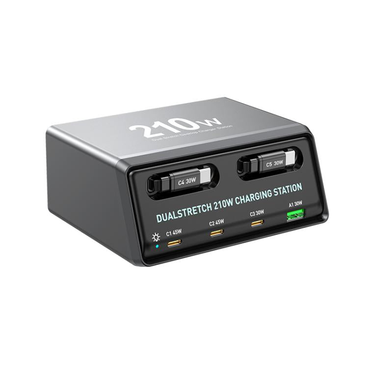 WXL-60E Stazione di ricarica da tavolo multiporta 6 in 1 da 210 W con doppi cavi telescopici integrati, WXL-60E